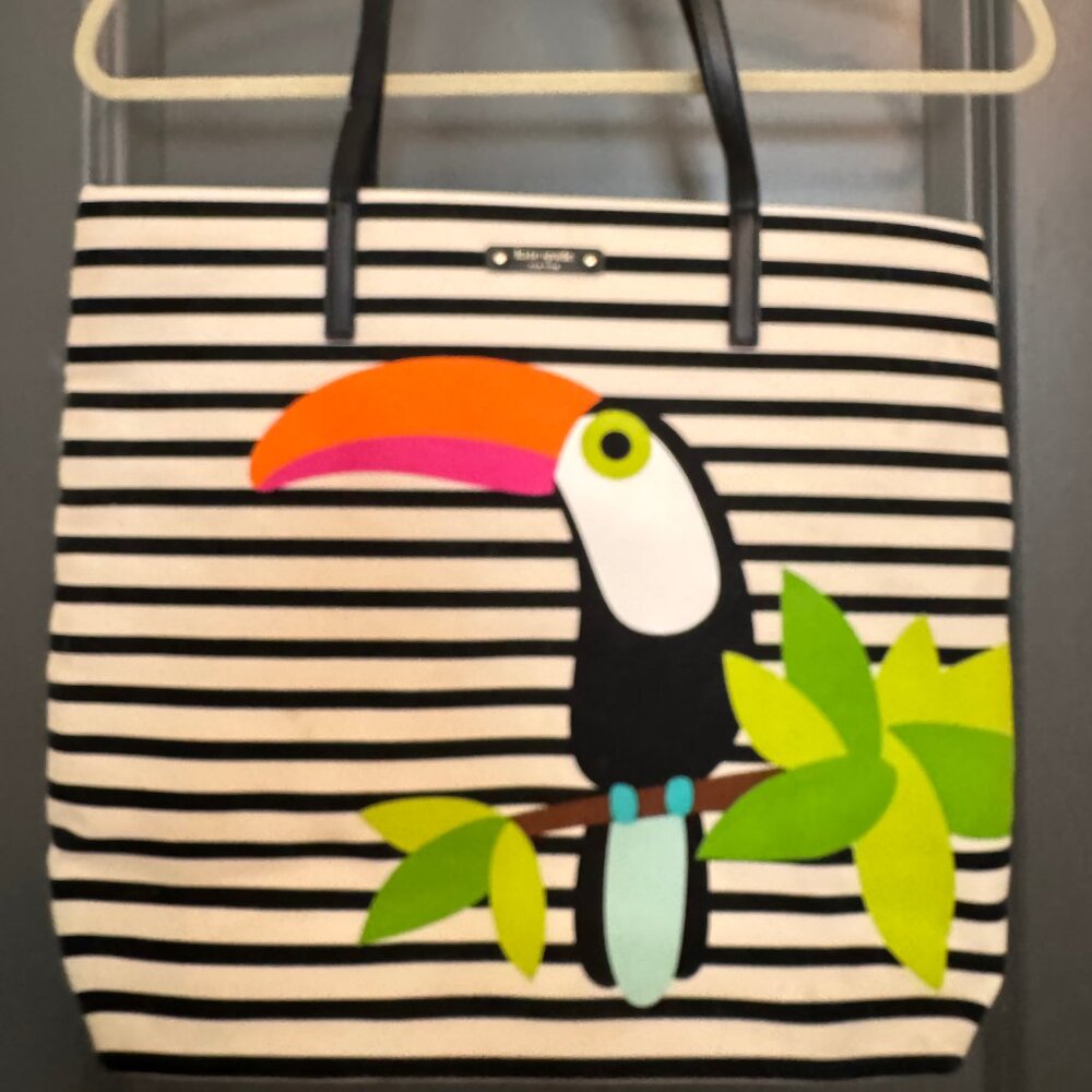 Kate Spade Black and White Striped Tote with Toucan Design